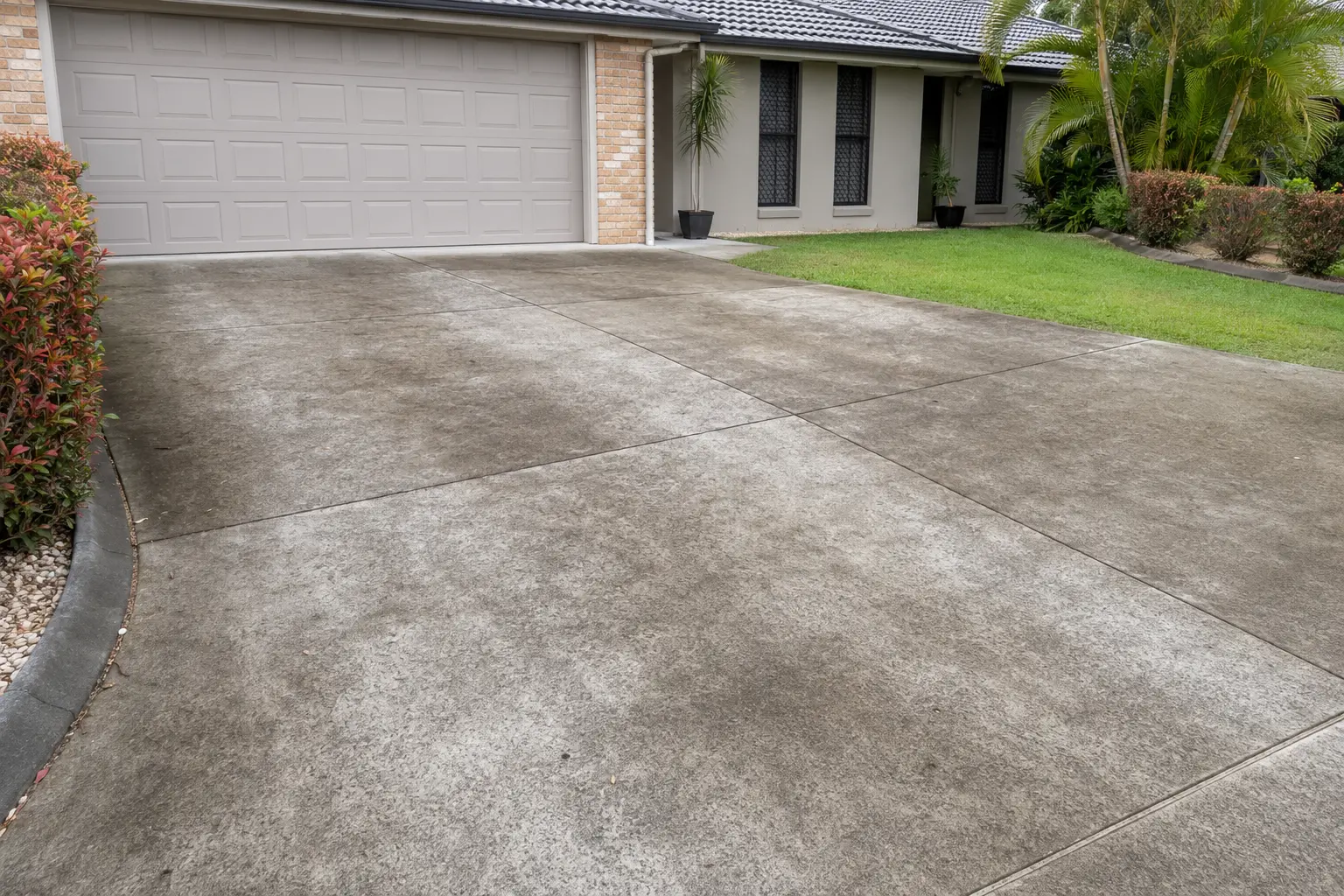 Concrete driveway before cleaning, showing built-up organic staining